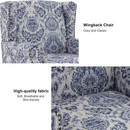 Accent Chair Set of 2, Upholstered High Back Floral Armchair with Nailhead Trim & Wood Legs, Comfy Wingback Reading Single Sofa Chair for Small Spaces, Living Room, Bedroom-Navy Blue Floral