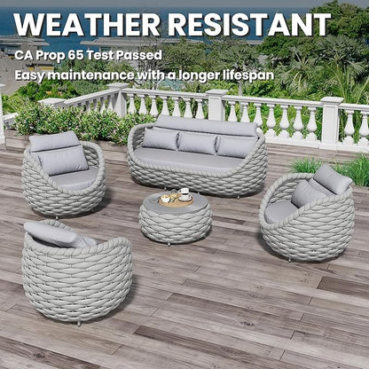 Aluminum Outdoor Patio Couch Set: 5 Pieces Woven Rope Porch Furniture Sofa Set - Metal Modern Deck Conversation Set - All Weather Assembled Courtyard Seating for Backyard Pool Hotel Resort, Grey