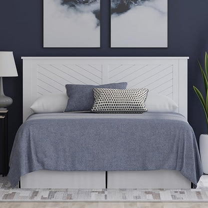 Serene Poplar Wood Full Size Headboard in White, Modern Farmhouse Panel with Chevron Scoring, Casual Coastal Style, Easy Assembly, Quality Materials