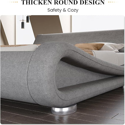 SHA CERLIN Full Size Upholstered Bed Frame, Deluxe Low Profile Sleigh Bed with Linen Ergonomics Headboard, No Box Spring Needed & Easy Assembly, Grey
