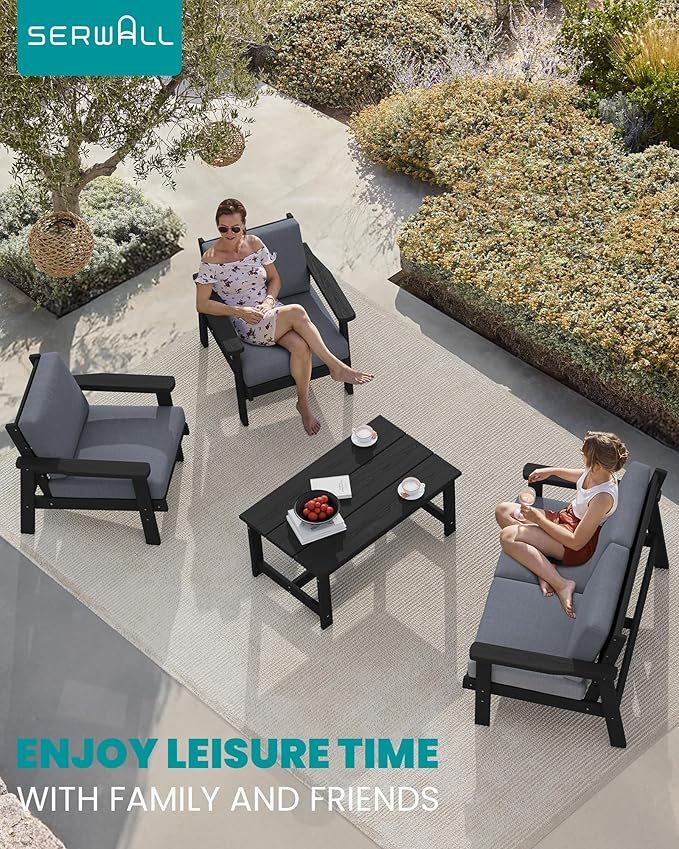 SERWALL 4 Piece HDPE Outdoor Furniture Set, All Weather Wood-Like Outdoor Sofa Sectional Couch, Black Patio Furniture Set with Grey Cushions