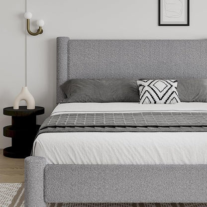Queen Size Bed Frame, Boucle Upholstered Platform Bed with Headboard and Footboard, Soft Rounded Corners, No Box Spring Required, Easy Assembly, Light Grey