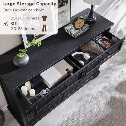 ACCOHOHO Farmhouse 8 Drawers Dresser Chests for Bedroom,52" Wide Wood Rustic Chest of Drawers with Metal Handle,Natural Texture,Drawer Organizer for Bedroom,Living Room,Hallway and Entryway,Black