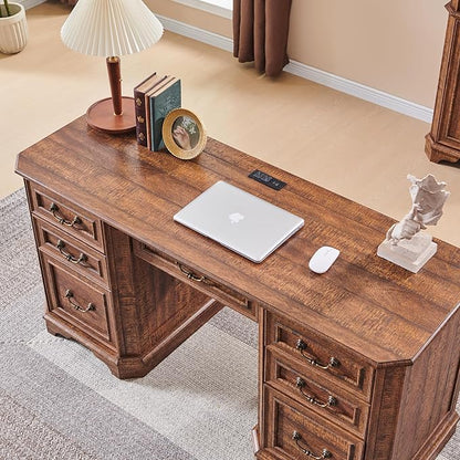 RedLemon 60" Executive Desk with Drawers,Wood Home Office Desk, Featuring Keyboard Tray,Charging Station,File Drawer, Storage Cabinet,for Work and Study (Reclaimed Barnwood)