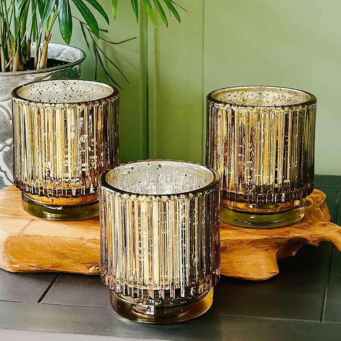 Kate Aspen Gold Votive Candle Holders - Vintage Ribbed Glass Candle Holder Set of 6 - Mercury Glass Tealight Holders for Christmas Table Decor, Holiday Centerpieces, Fall Thanksgiving Tablescape
