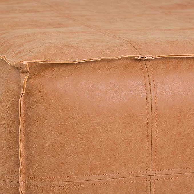 SIMPLIHOME Brody 30-inch Wide Large Square Coffee Table Pouf in Distressed Brown, Vegan Faux Leather Ottoman, Footrest, or Extra Seating for Living Room, Assembled
