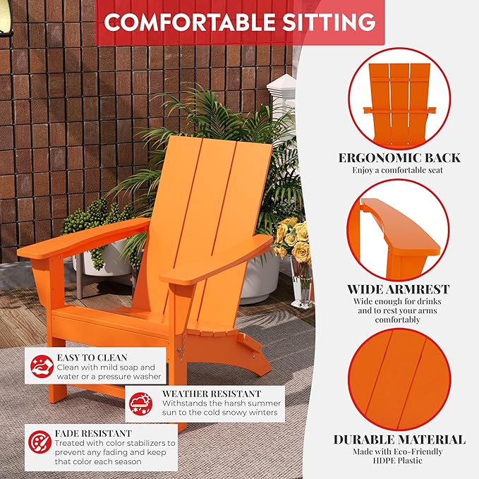 Costaelm Folding Adirondack Chairs, Outdoor Patio Adjustable Lawn Chairs, Weather Resistant Outside Firepit Chairs for Porch, Poolside, Garden, Backyard Deck, Orange