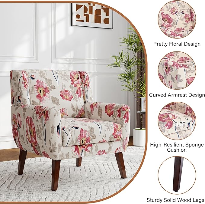Accent Chair, Modern Fabric Armchair for Living Room, Comfy Upholstered Arm Chair Tufted for Indoor Bedroom Office Room (Pattern White)