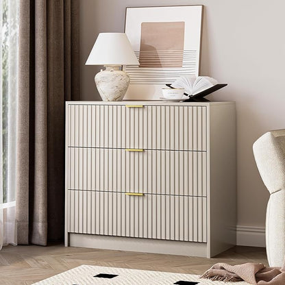 Fluted Dresser for Bedroom, 32 Inch Wide Nightstand with Large Drawer, 3 Drawer End Table for Bedroom, Living Rooms, Offices, and Entryways, Beige