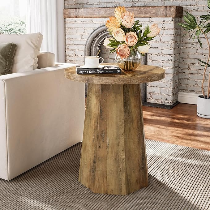 Tribesigns Farmhouse Round End Table, Wooden Couch Side Table with Octagonal Base, Rustic Brown Nightstand Pedestal Accent Furniture for Living Room, Bedroom (2)