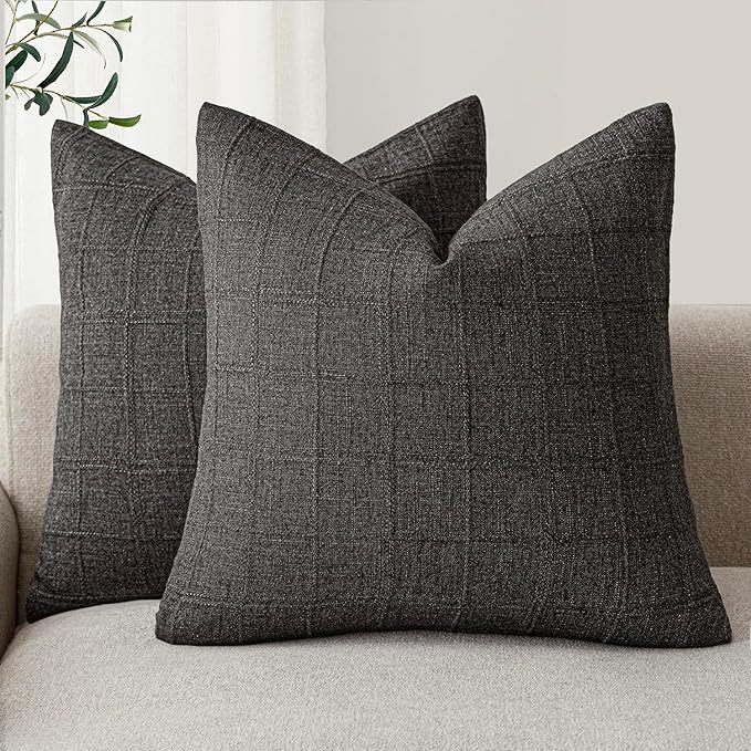 Foindtower Set of 2 Decorative Linen Check Throw Pillow Covers Neutral Farmhouse Vintage Cushion Covers Modern Boho Home Decor for Sofa Chair Couch Bedroom Living Room,16×16 Inch,Charcoal