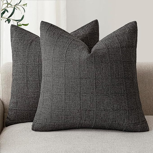 Foindtower Set of 2 Decorative Linen Check Throw Pillow Covers Neutral Farmhouse Vintage Cushion Covers Modern Boho Home Decor for Sofa Chair Couch Bedroom Living Room,18×18 Inch,Charcoal