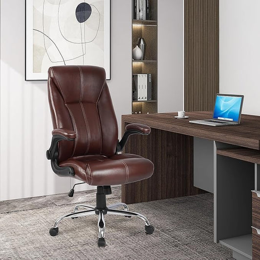Big and Tall Office Chair for Heavy People, Executive Desk Computer Chair Adjustable Flip-up Armrests, PU Leather Swivel Task Chair with Ergonomic High Back and Lumbar Support（Brown