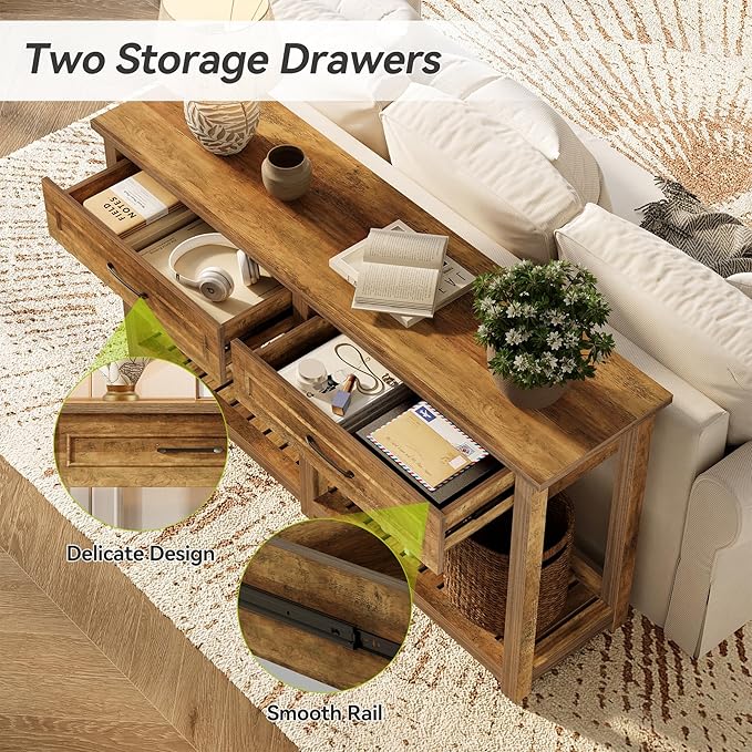 LITTLE TREE Modern Console Tables with 2 Drawers, Rustic 63 Inch Entryway Furniture, Behind Couch Table with Storage Shelf, for Living Room, Hallway, Entrance, Foyer, Rustic Brown