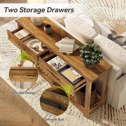 LITTLE TREE Modern Console Tables with 2 Drawers, Rustic 63 Inch Entryway Furniture, Behind Couch Table with Storage Shelf, for Living Room, Hallway, Entrance, Foyer, Rustic Brown