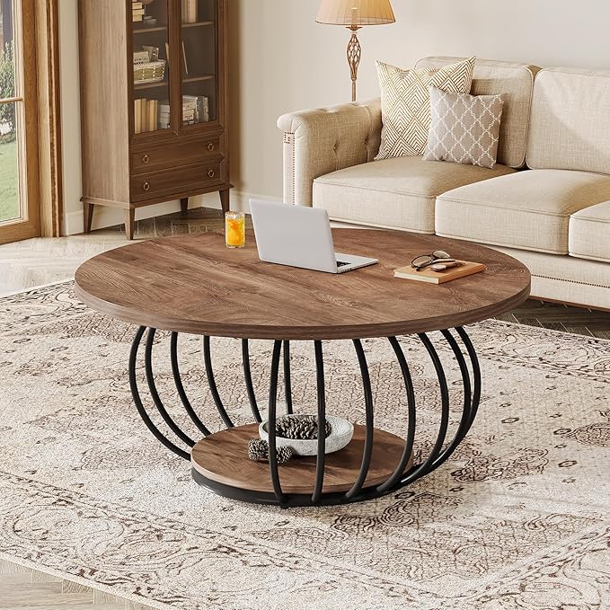 Tribesigns Round Coffee Table for Living Room, 39.4" Industrial Wooden 2-Tier Circle Accent Center Cocktail Table with Storage Shelf and Metal Frame, Rustic Brown & Black