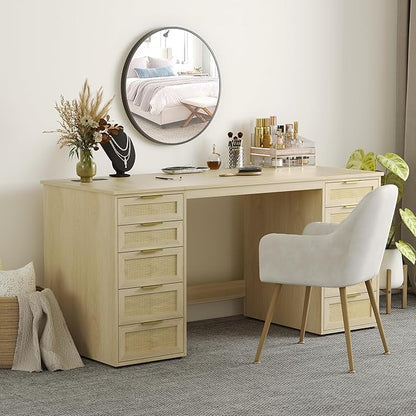 WOPITUES 60" Boho Home Office Desk with 10 Wooden Drawers, Rattan Computer Writing Desk with Power Outlets, Large Executive Desk with Storage Cabinet for Work Study Writing Craft, Natural Brown