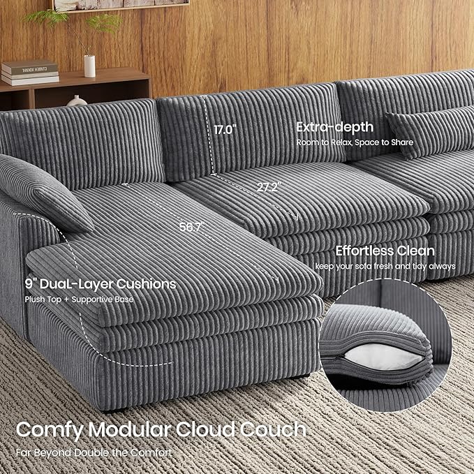 Belffin Large Modular Sectional Sofa with Double Deep Chaise and Loveseat, Corduroy U Shape Couch with 9" Soft Dual-Layer 9 Seats Cushion for Living Room, Apartment, Light Grey