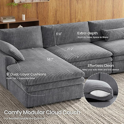 Belffin Large Modular Sectional Sofa with Double Deep Chaise and Loveseat, Corduroy U Shape Couch with 9" Soft Dual-Layer 9 Seats Cushion for Living Room, Apartment, Light Grey