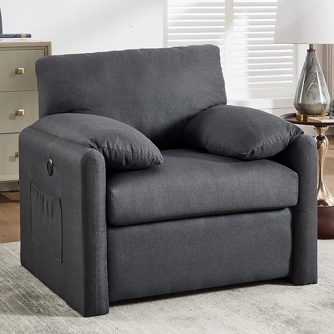 Oversized Accent Chair 38" Wide Mid-Century Modern Armchair for Living Room,USB and Type-C Ports,Comfy Reading Chairs for Bedroom with Side Pockets,Single Sofa Chair(Darkgrey, Set of 1)