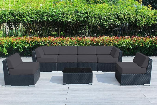 Outdoor Patio Furniture with 6-inch Thick Rainshield Cushions, No-Assembly 7-Piece All-Weather Wicker Sectional Set (Sunbrella Coal)