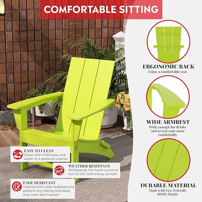 Costaelm Folding Adirondack Chairs, Outdoor Patio Adjustable Lawn Chairs, Weather Resistant Outside Firepit Chairs for Porch, Poolside, Garden, Backyard Deck, Lime