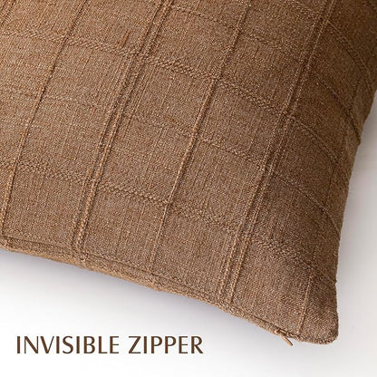 Foindtower Set of 2 Decorative Linen Check Throw Pillow Covers Neutral Farmhouse Vintage Cushion Covers Modern Boho Home Decor for Sofa Chair Couch Bedroom Living Room,24×24 Inch,Brown Hazel