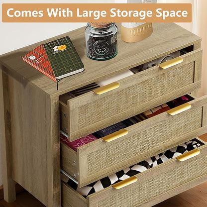 3 Drawer Dressers for Bedroom, Rattan Dresser with Drawers, Modern Wood Dresser with Metal Handles, Chest of Drawers for Bedroom, Living Room, Entryway (3 Drawer)