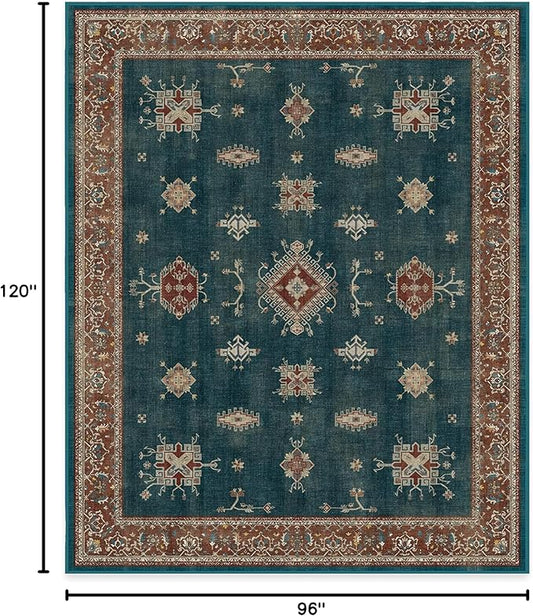 RUGGABLE Washable Vintage Area Rug – Verena Teal Blue 8x10, Stain-Resistant, Non-Slip – Large Machine Washable Rugs for Living Room, Bedroom, Hallway, Entryway & Office–with Cushioned Pad