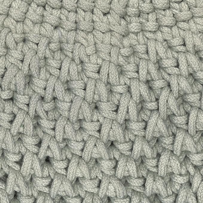 SIMPLIHOME Nisi Boho Round Knitted Outdoor/ Indoor Pouf in Light Grey Recycled PET Polyester for the Living Room, Bedroom and Kids Room