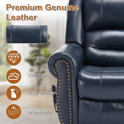 Luxlen Power Lift Recliner Chair for Elderly, Dual Motor Massage Recliner with Lumbar Heat, Heavy Duty Motion Mechanism Lift Chair with Charge Ports, Genuine Leather - Blue