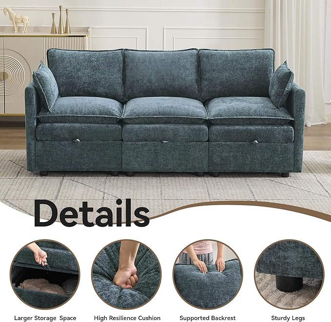 80" Cloud Modular 3 Seater Sofa with Storage, Modern Upholstered Storage Sofa Couch Deep Seat, Sectional Sofa Chenille Comfy Couch with Armrests for Living Room, Small Space, Blue