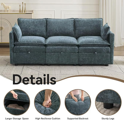 80" Cloud Modular 3 Seater Sofa with Storage, Modern Upholstered Storage Sofa Couch Deep Seat, Sectional Sofa Chenille Comfy Couch with Armrests for Living Room, Small Space, Blue