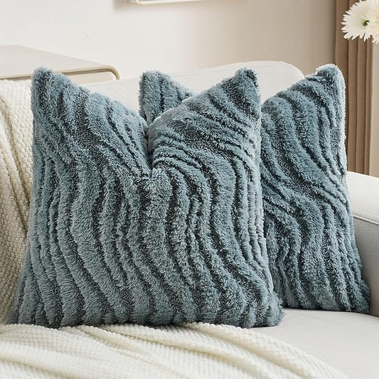 FUTEI Blue Decorative Throw Pillow Covers 22x22 Inch Set of 2,Soft Faux Fur Geometric Shapes Texture Cushion Case,Boho Home Decor for Couch Bed Living Room