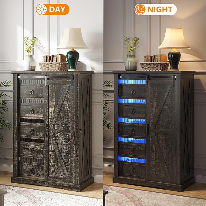 5 Drawers Dresser for Bedroom w/Sliding Barn Door, Farmhouse Wood Dresser with LED Lights, Chest of Drawers Tall Dressers for Bedroom, Living Room, Hallway, Kids Room, Brown