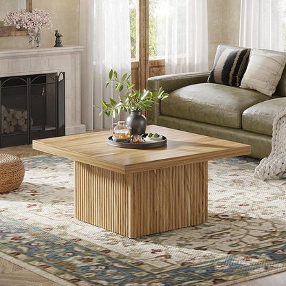 Tribesigns Square Coffee Table, 31.5-Inch Fluted Coffee Table, Mid-Century Modern Living Room Table, Large Cocktail Table for Living Room, Easy Assembly, Oak