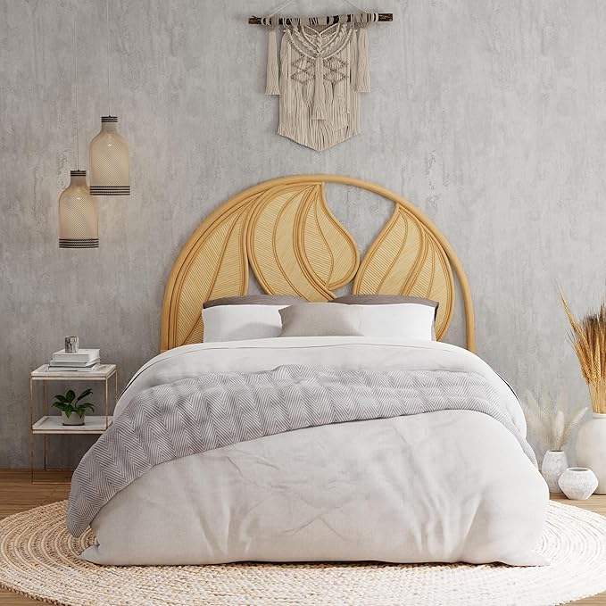 Kouboo Palm Springs Rattan Headboard for Full Size Beds Natural Boho Style with Intricate Palm Leaf Pattern and Arch Perfect for Coastal Beach Bedroom Made from Rattan 54 in Wide from