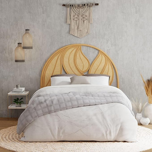 Kouboo Palm Springs Rattan Headboard for Full Size Beds Natural Boho Style with Intricate Palm Leaf Pattern and Arch Perfect for Coastal Beach Bedroom Made from Rattan 54 in Wide from