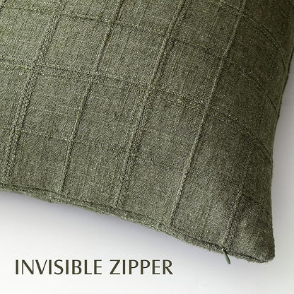 Foindtower Set of 2 Decorative Linen Check Throw Pillow Covers Neutral Farmhouse Vintage Cushion Covers Modern Boho Home Decor for Sofa Chair Couch Bedroom Living Room,26×26 Inch,Olive Green