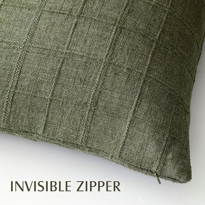 Foindtower Set of 2 Decorative Linen Check Throw Pillow Covers Neutral Farmhouse Lumbar Cushion Covers Modern Boho Home Decor for Sofa Chair Couch Bedroom Living Room,12×24 Inch,Olive Green