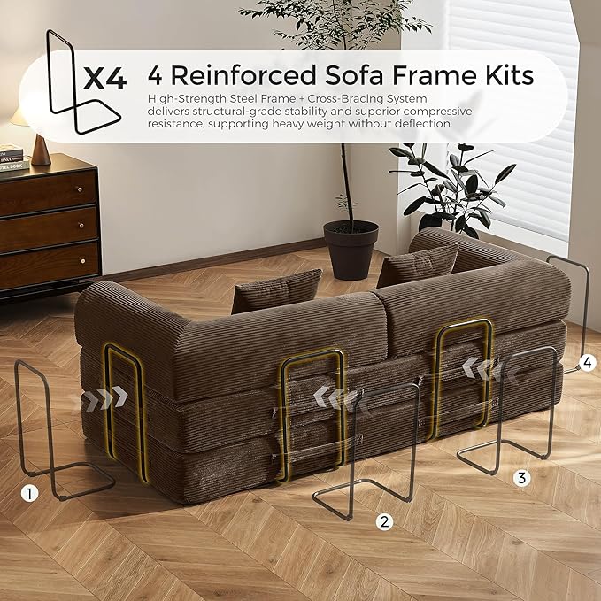 79" Convertible Sofa Bed with Fixed-Shape Frame & Removable Armrests, Modular Corduroy Sleeper Sofa, Folding Mattress Couch for Small Spaces - No Assembly Needed in Brown (Includes 2 Pillows)
