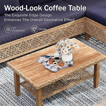PHI VILLA Wicker Patio Furniture Set, Sectional Outdoor Sofa with Cushions and Acacia Wood Coffee Table, L-Shaped Small Patio Conversation Set, Navy Blue