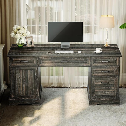 Casaottima 59 Inch Wood Farmhouse Office Desk with Drawers, Executive Computer Desk with File Cabinet & Charging Station for Home Office, Oak