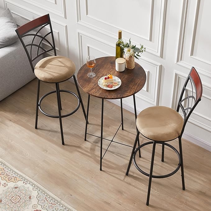 VECELO Bar Stools, 24/29" Adjustable Barstool,Swivel Counter Stool with Upholstered Seat,Steel Bistro Pub Chairs, Wood Top Backrest,Set of 2