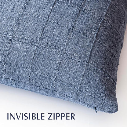 Foindtower Set of 2 Decorative Linen Check Throw Pillow Covers Neutral Farmhouse Vintage Cushion Covers Modern Coastal Boho Home Decor for Sofa Chair Couch Bedroom Living Room,20×20 Inch,Blue