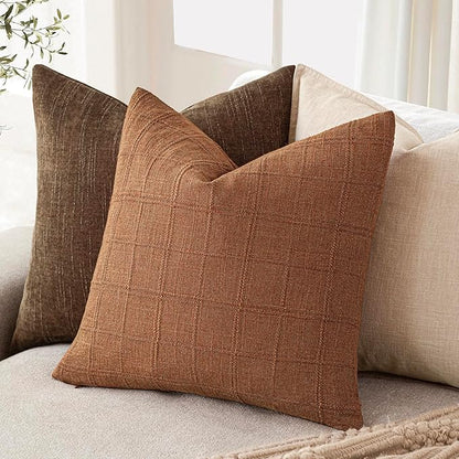 Foindtower Set of 2 Decorative Linen Check Throw Pillow Covers Neutral Farmhouse Vintage Cushion Covers Modern Boho Home Decor for Sofa Chair Couch Bedroom Living Room,18×18 Inch,Orange