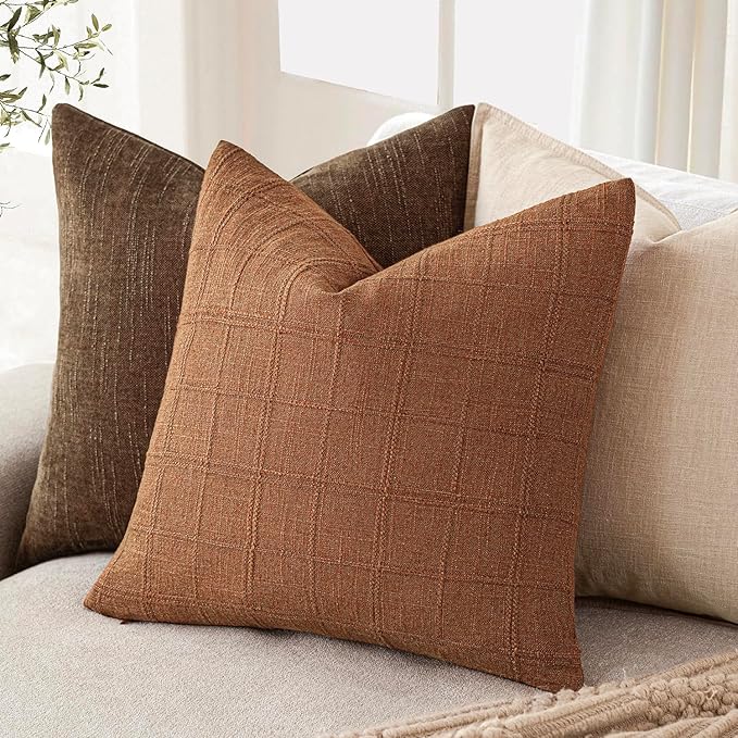 Foindtower Set of 2 Decorative Linen Check Throw Pillow Covers Neutral Farmhouse Vintage Cushion Covers Modern Boho Home Decor for Sofa Chair Couch Bedroom Living Room,16×16 Inch,Orange