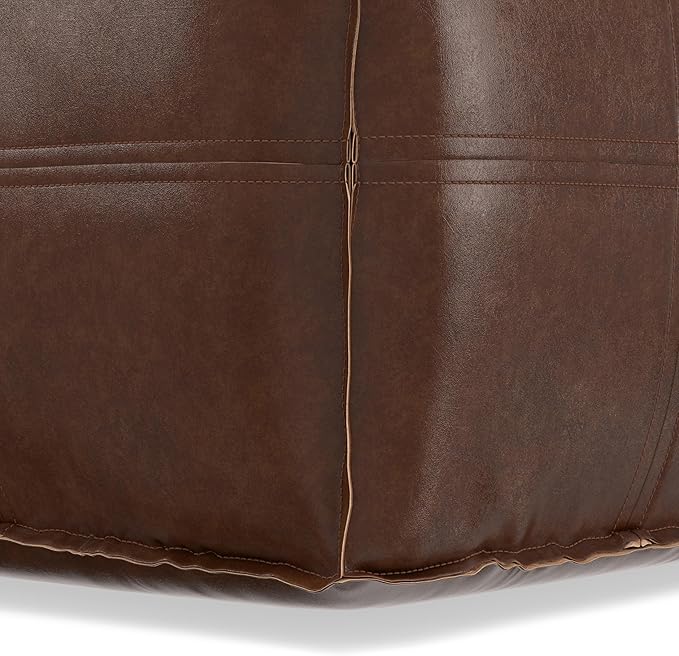 SIMPLIHOME Brody 18-inch Wide Square Pouf in Distressed Dark Brown Vegan Faux Leather, Boho-Style Ottoman, Footstool or Extra Seating for Living Room, Assembled