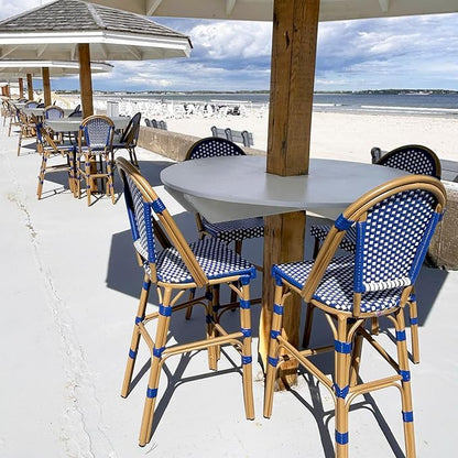 PURPLE LEAF French Counter Height Bar Stool Set of 2 25" Bamboo Print Finish Patio Bar Chairs with Back Rattan Bar Chairs French Bistro Set for Kitchen Outdoor Counter Stool Royal Blue
