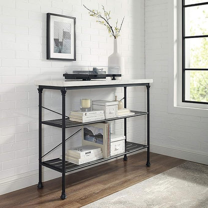 Crosley Furniture Madeleine Sofa Console Table with Storage Shelves for Hall, Entryway, or Living Room, Steel with Faux Marble Top
